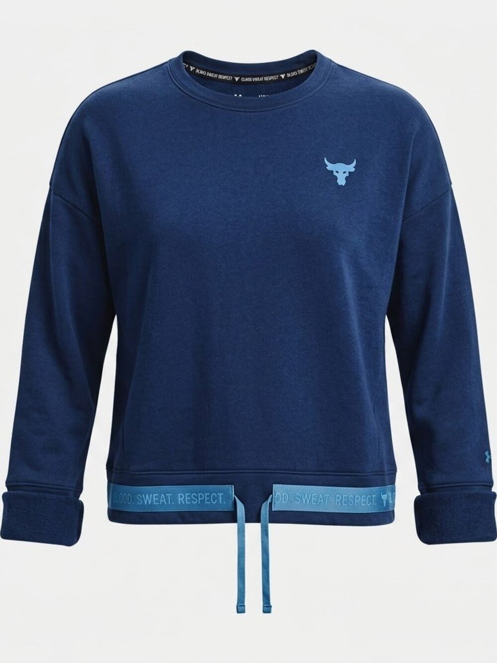 UA Project Rock Blood Sweat Respect Sweatshirt Womens L Crop Crewneck Blue Bull